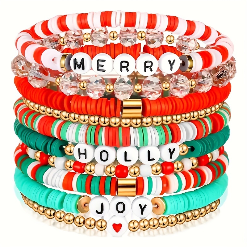 

10pcs Christmas Charm Bracelet Set - Festive Stackable Soft Clay Beads With Heart & Letter Design, Holiday Parties & Casual Attire Stocking Stuffers Christmas Gifts