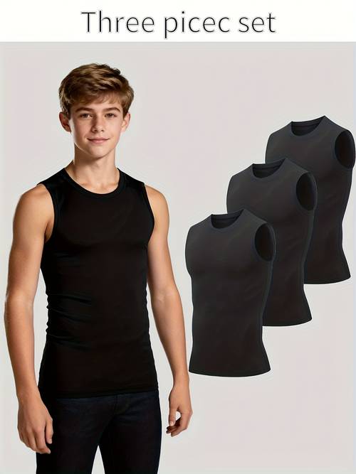3pcs solid color sleeveless sports tank tops compression fit that closely hugs the body designed specifically for wearing as base layer moisture wicking fabric dry breathable features for teenager