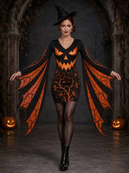 womens jack o lantern face flame branch and web print halloween mini dress in black and v neck with draped batwing sleeves for october
