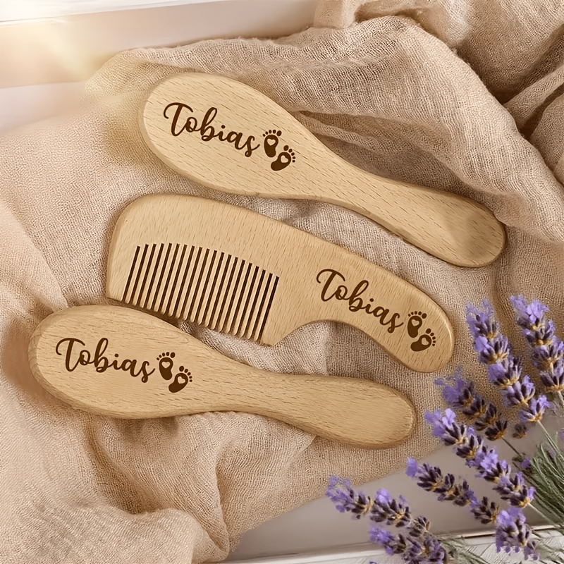 TEMU 3pcs Personalized Custom Comb Set With Footprint/heart/flower Pattern Designs, Multiple Patterns From, Birthday Gift, Laser-engraved Name Hair