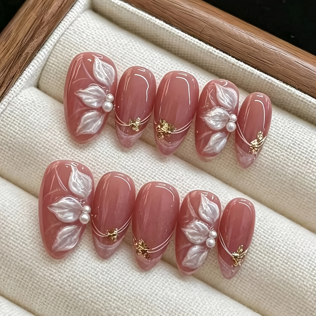 TEMU 10pcs Handmade Short Nail Stickers, Handmade , Pearl Soft, Decorated With Pearls, Suitable For Summer Wear, Rose Red Nails, White Nails, Short