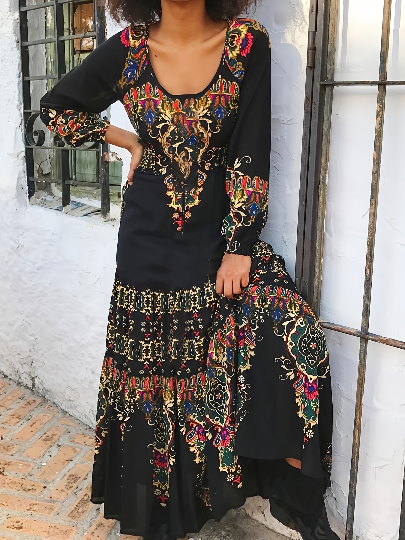 chinese dress ladies ABEHIK Mexican Embroidered Dress for Women Off Shoulder Long Bell Sleeve  Traditional Folk Dresses Casual Sexy Lace Ruffle Long Maxi Dress Floral  Cinco De Mayo Fiesta Party Fall Outfits Black S at main image 1