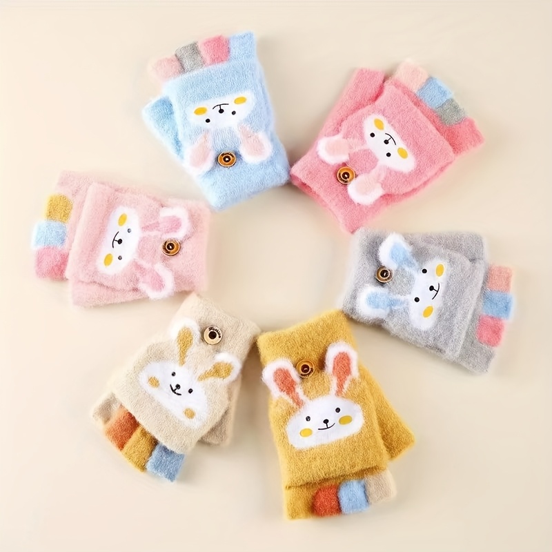 cozy winter gloves for kids thickened open thumb design with cute bunny heart patterns warm colors soft acrylic fabric hand washable   outdoor activities winter gloves