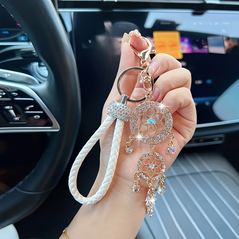 1pc Shiny Hollow Car Keychain - Inlaid Rhinestone Creative Feather And Braided - Exquisite Ladies Keychain Bag Decoration Pendant, Ideal Birthday Gift Thanksgiving Teacher's Day Mother's Day Gift