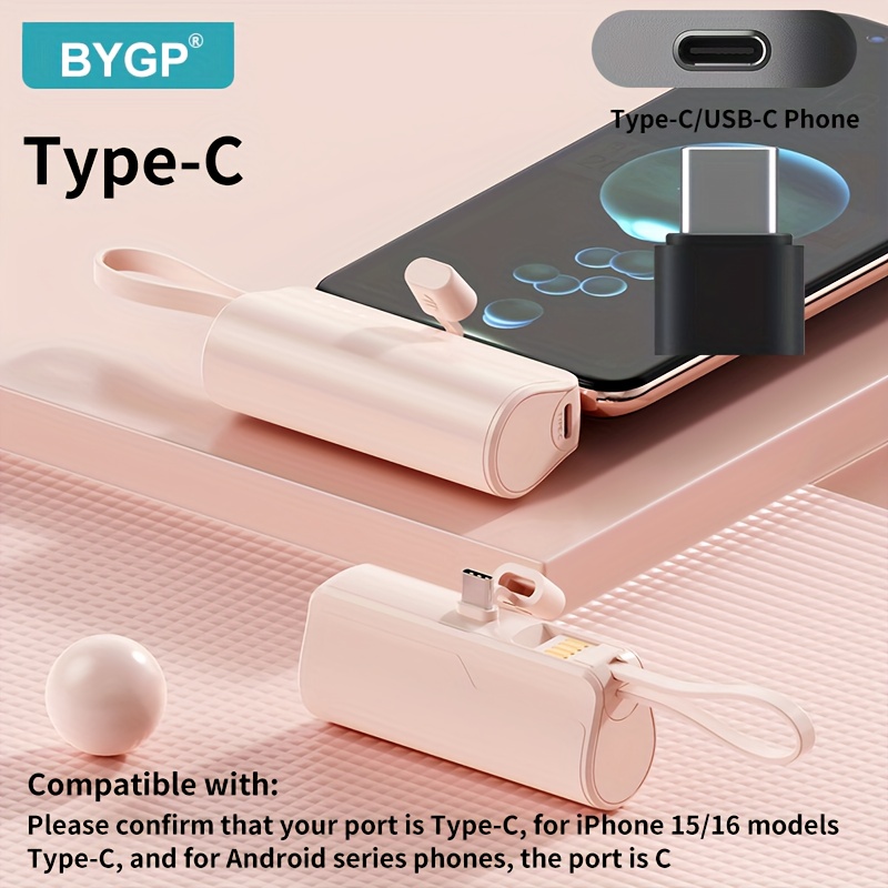 Image of New Bygp 1pc 5000mah Portable Charger - Capsule Design Portable Power Bank, Type-c Interface, Emergency Backup Outdoor Phone Battery Pack For Iphone And , Gift
