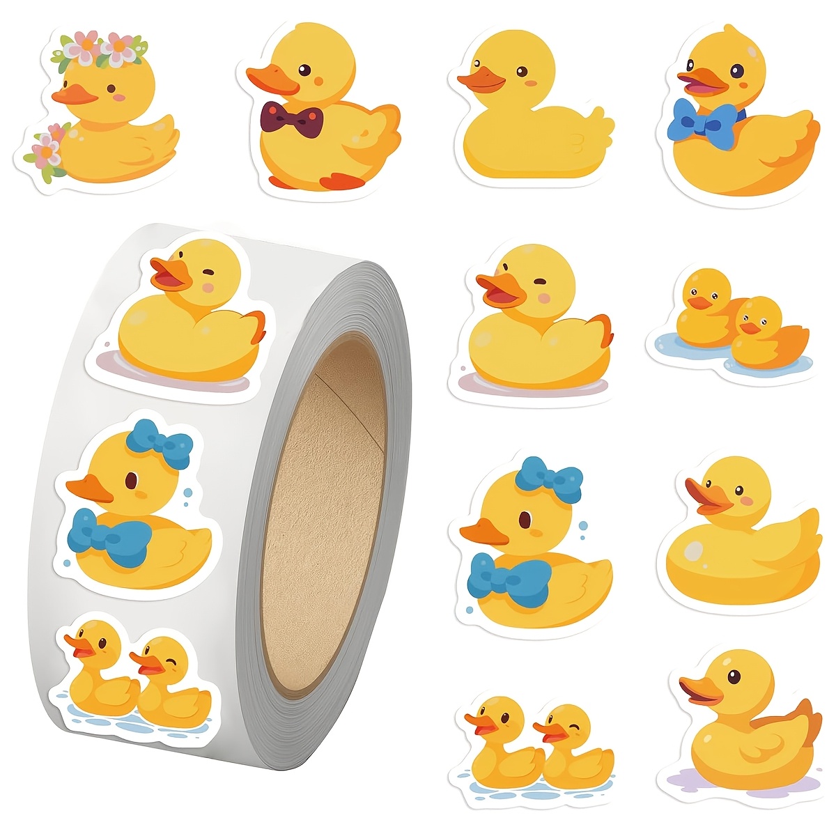 TEMU 500-pack Yellow Rubber Duck Doodle Roll Stickers, 1 Inch, 10 Unique Shapes And Patterns, Self-adhesive Sealing Labels For Envelopes, Magazines,