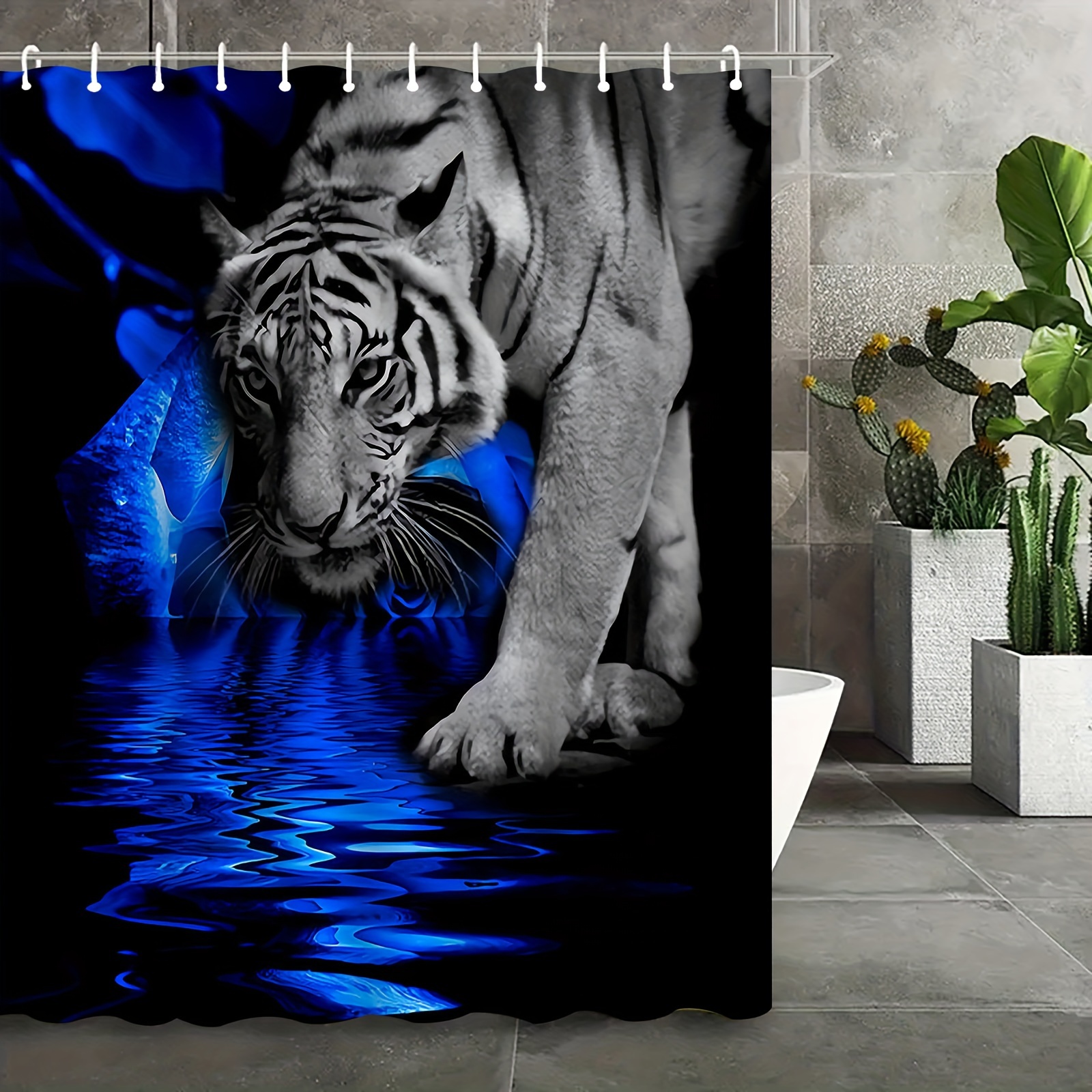 

Water-resistant Tiger Print Shower Curtain Set With 12 Hooks - Machine Washable Polyester Bathroom Decor, Mold-proof Animal Design Bath Partition, Knit Fabric Tub Curtain For Home Decor