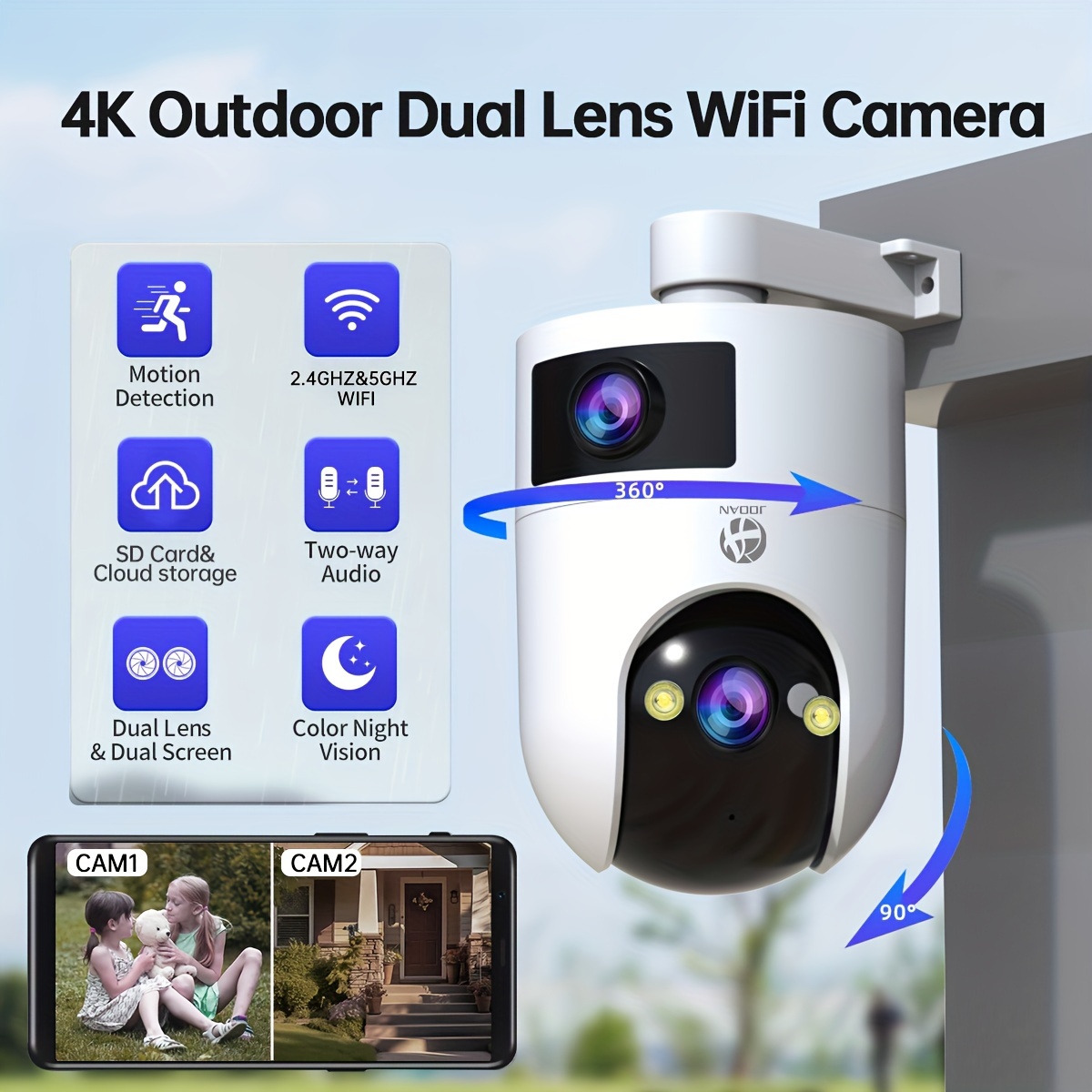 

1pc 4k Dual Lens Wireless Ip Camera, Ptz Outdoor Security Cam With 5g Wifi, Dual Screen, Auto Tracking, Night Vision, Two-way Audio, Motion Detection For Home Street Safety And Monitor