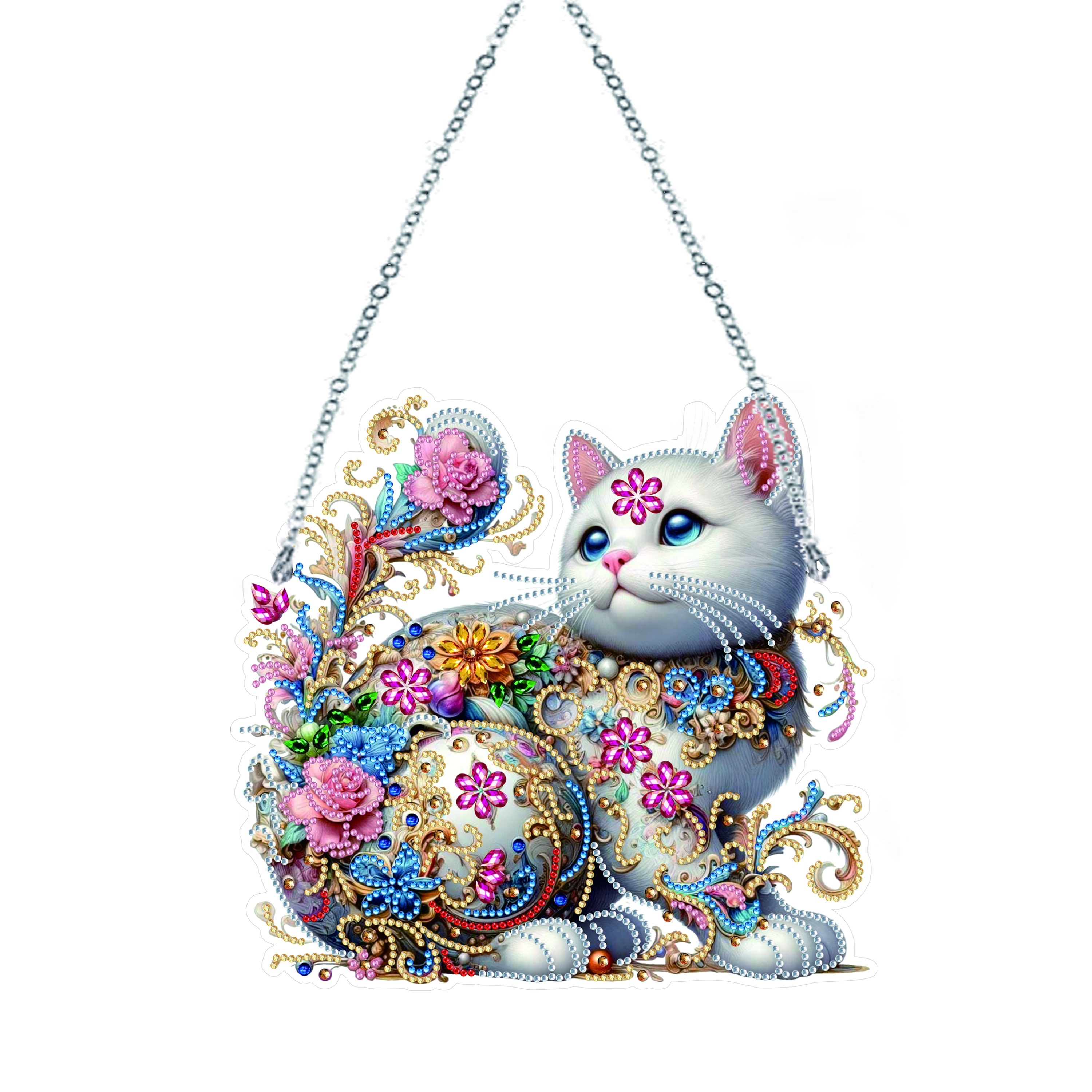 

1pc Flower Cat Pattern Diamond Art Painting Pendant, Diy 5d Special Shape Crystal Diamond Inlaid Painting Hanging Chain Mosaic Crafts, Holiday Gift, Handcraft Making