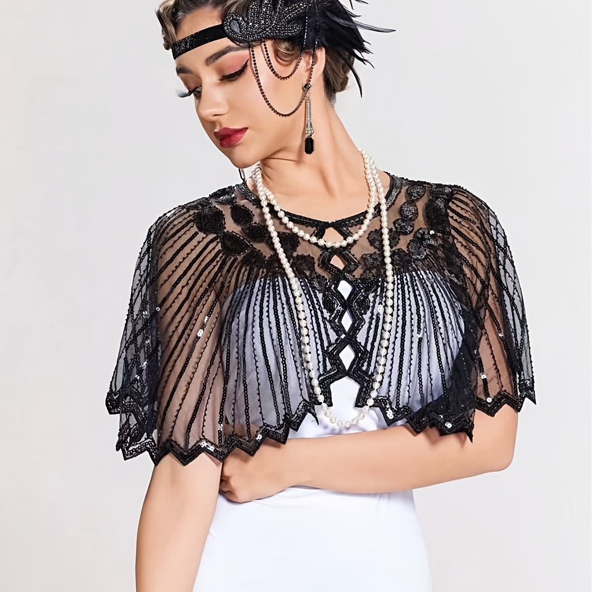 Women's Party Dress Capelet With Sequin Embellishments - Net Mesh Material, Party Wear, Non-elastic, Decorative, Handcrafted With Beadwork, Perfect For Festive Occasions