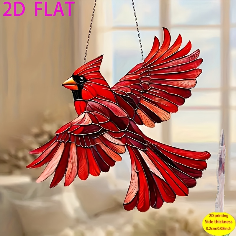 TEMU 1pc Suncatcher Oiseau Cardinal Rouge en Acrylique - 5.9" Ornement de Fenêtre Style Vitrail Suspendu, Décoration Festive pour Maison & Jardin,