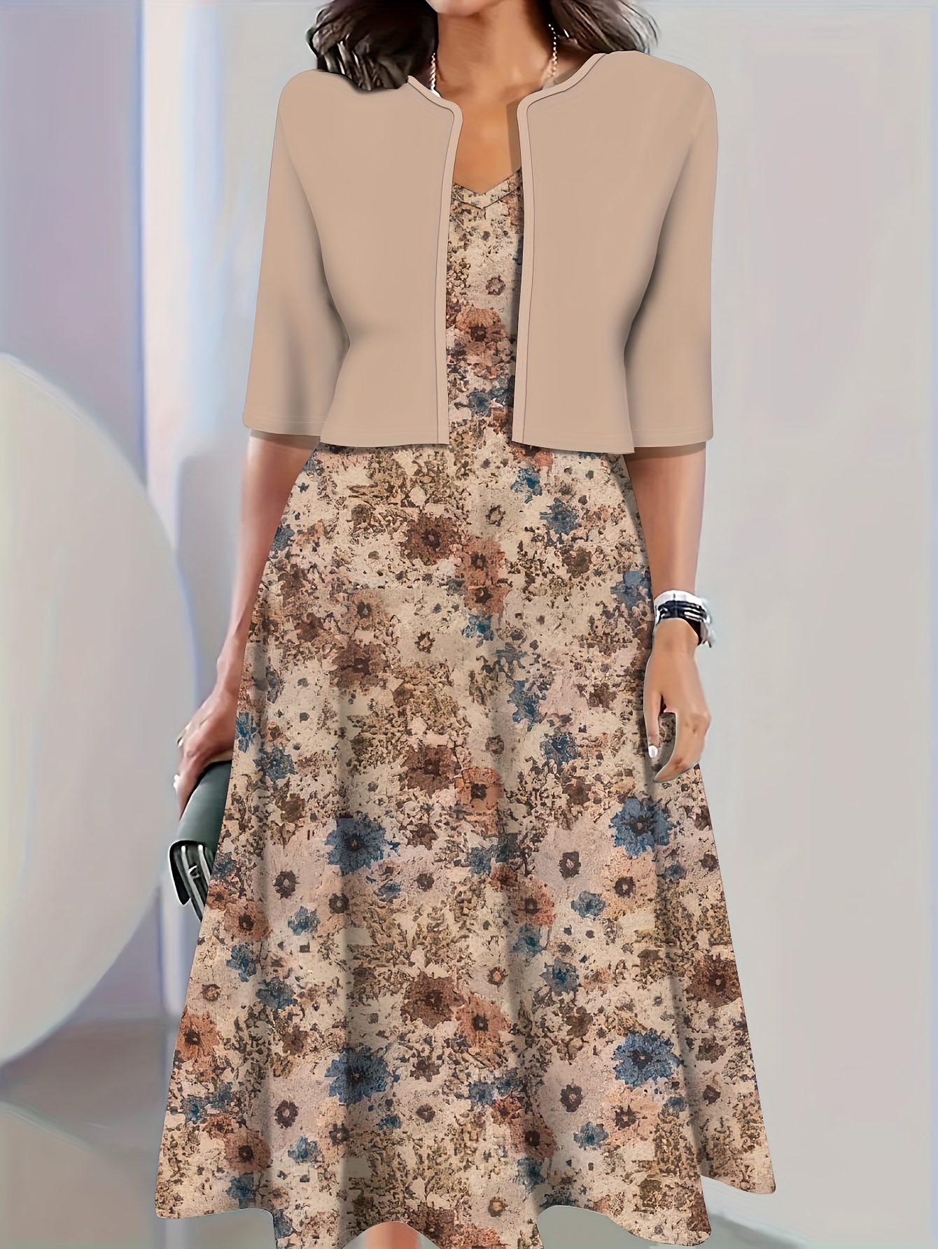 elegant floral print dress set lightweight open front jacket Temu