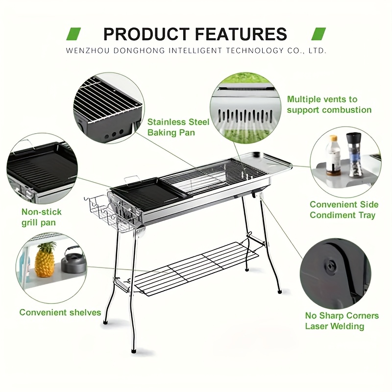 Grand barbecue de luxe pour les rassemblements à domicile et le camping, doté d'un grand gril en acier inoxydable, d'un barbecue portable pliable en charbon de bois adapté au camping, aux voyages, au parc et à la plage. Les fêtes de barbecue en plein air.