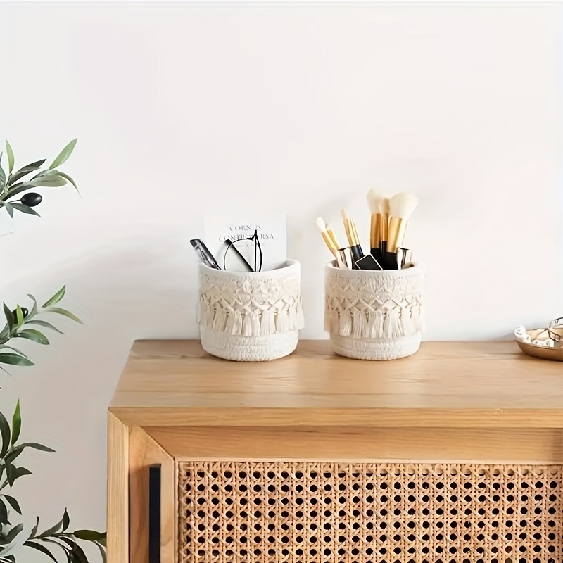 sendpistil vintage round woven desktop storage basket with fringe natural fabric makeup brush organizer for vanity bathroom desk decorative cosmetic accessories organizer shelf baskets Product details 7