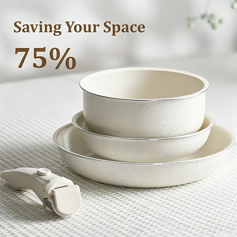 item picture 4pcs cream white non stick cookware set with detachable handle stackable wok frying pan serving plates induction ready oven dishwasher safe   rv home   meals and outdoor camping