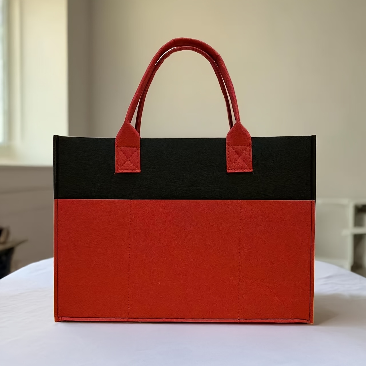 TEMU Sac polyvalent en feutre à blocs de couleurs, grande capacité, avec de multiples poches, sac à main de navetteur adapté au shopping, aux voyages