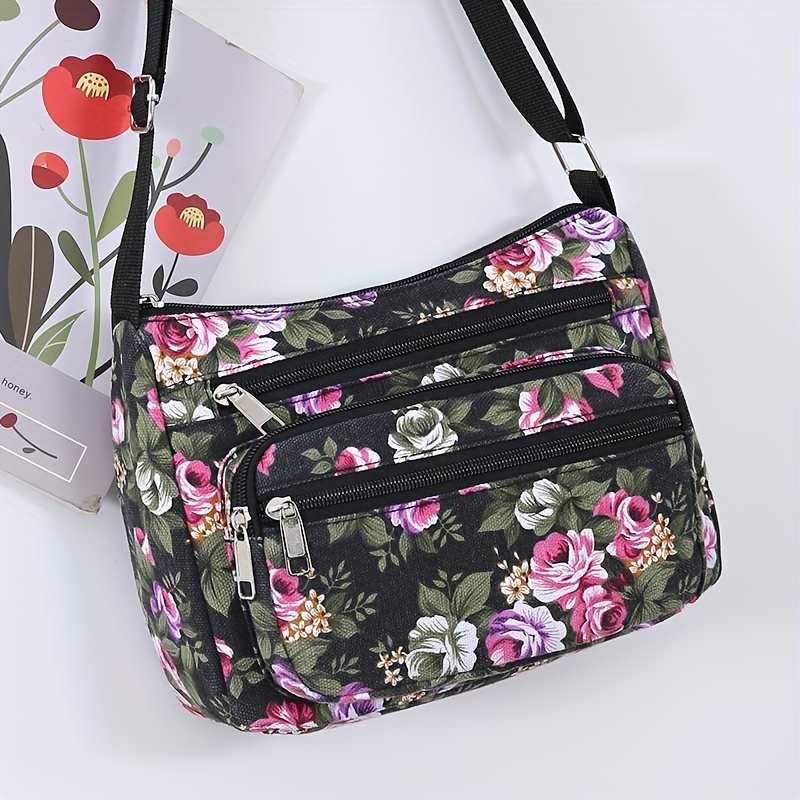 TEMU Women's Crossbody Bag With Classic Floral Pattern, Large Capacity Casual Shopping Tote Featuring Vibrant Colors And Multiple Pockets Including