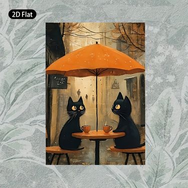 Lienzo de pared vertical moderno sin marco, plano 2D, 1 pieza - Dos gatos negros bajo paraguas, adecuado para decoración, pintura de acogedora escena callejera, adecuado para dormitorio, pasillo - Cuadro vertical minimalista para espacios estrechos
