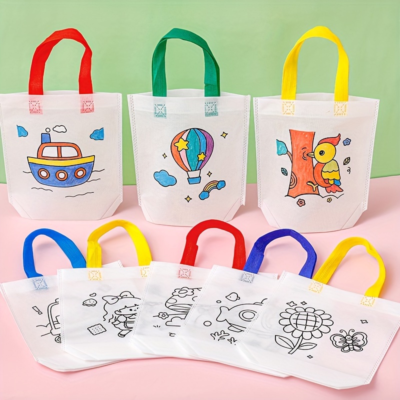 

8pcs/set Simple Diy Cartoon Pattern Graffiti Art Tote Bag, Diy Hand-painted Document Bag, Gift Bag, For Shops