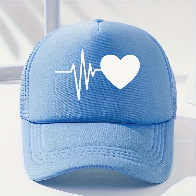 Ecg Heart Print Trucker Hat Mesh Breathable Solid Color - Temu