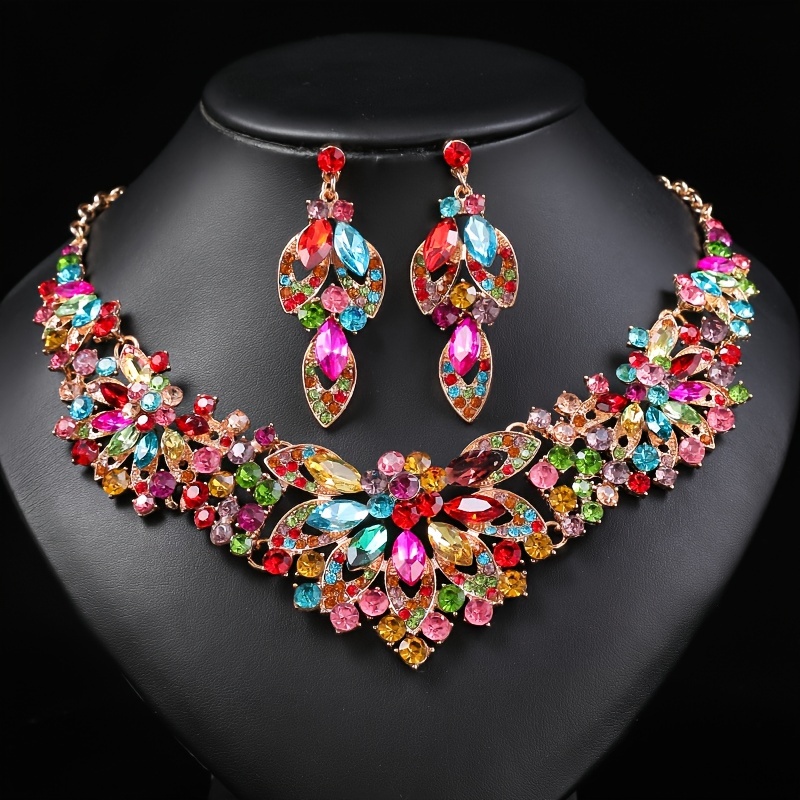 

Luxury Colorful Gemstone Necklace And Earrings Set, Glamorous Wedding Banquet Jewelry Set, Party Style Accessory Set