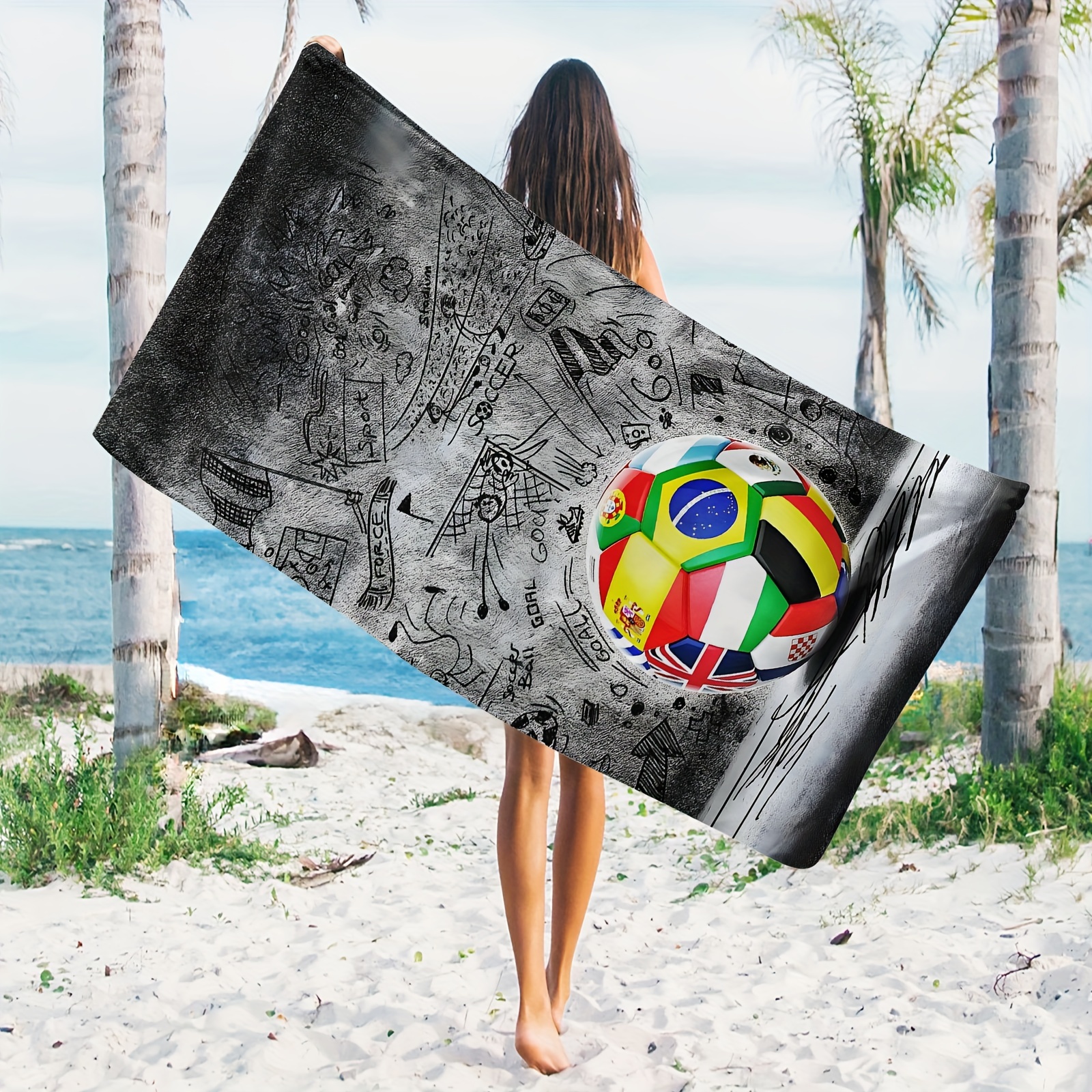 

1pc Football Pattern Printed Beach Towel, High Quality Large Bath Towel Thickened Microfiber Towel, Summer Beach Towel, Grass Pad, Yoga Pad, Suitable For Swimming Pool, Camping, Travel