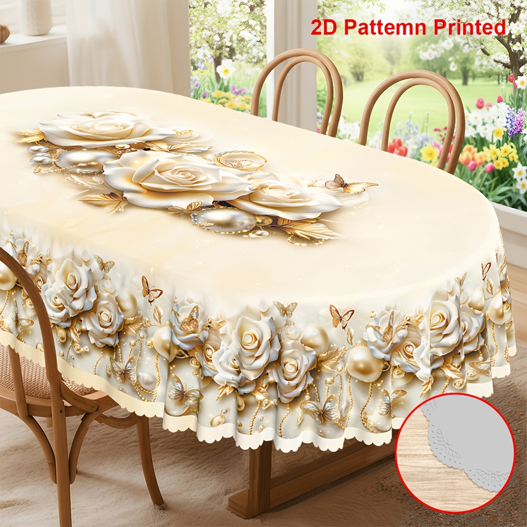 TEMU 1pc 2d Flat Spring Summer Themed Party Tablecloth, Valentine's Day Mother's Day Pearl Rose Floral Printed Design, Rectangular/round/oval Table