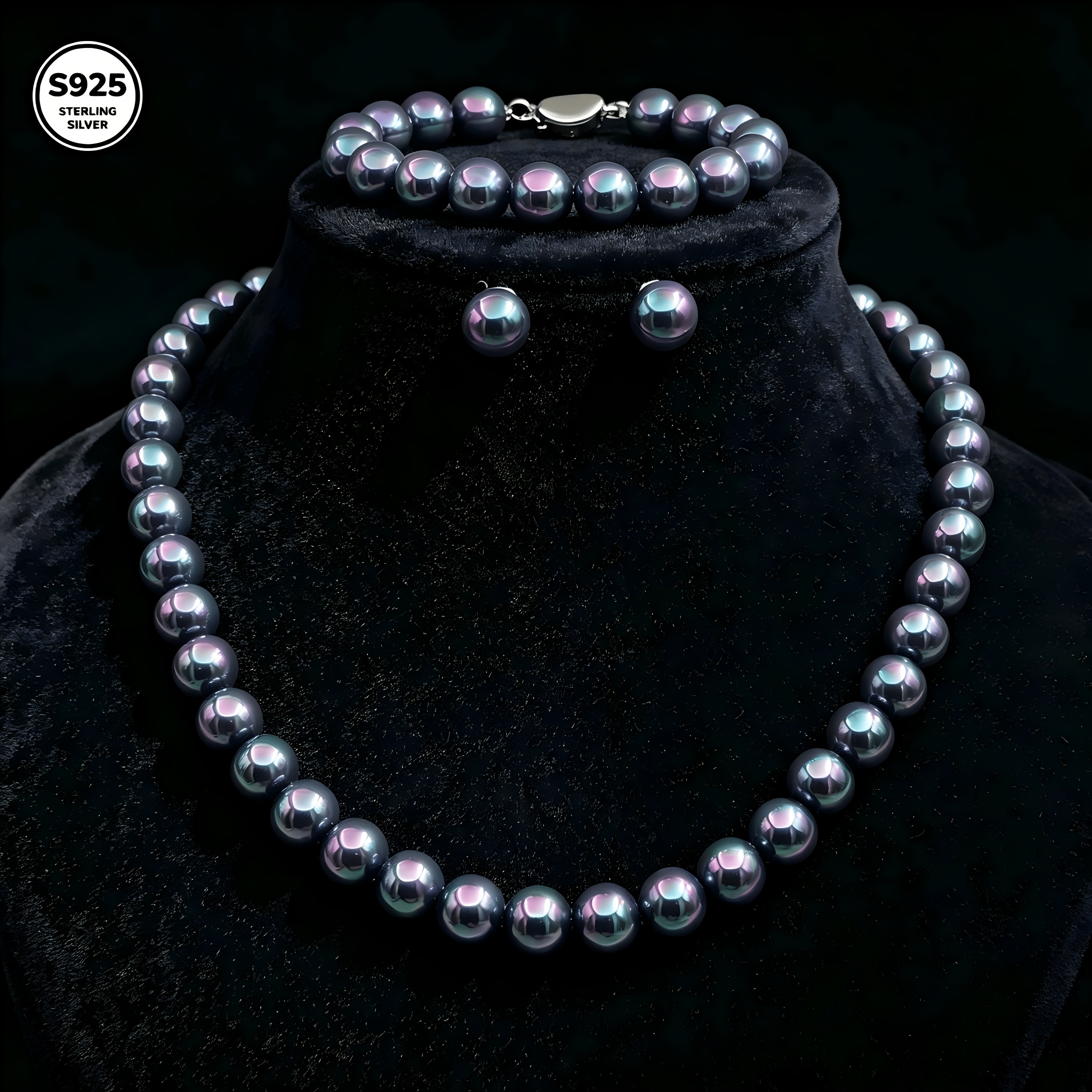 TEMU Parure de Bijoux 925 Argenté Noir , Collier Rond Bracelet Boucles d'Oreilles 3 pièces, Bijoux de Mode , Cadeau pour la Saint-Valentin des Mères