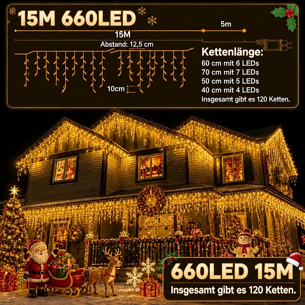 TEMU Guirnaldas de luces de extralargas para exterior de 1100/880/660/440 LED, 25/20/15/10 luces de cadena con 8 y control remoto, luces colgantes