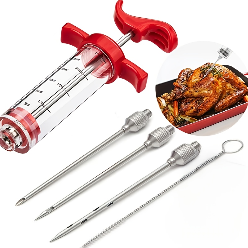 5pcs Stainless Steel & PP Marinade Syringe Set with 304 Needles - Heavy-Duty Portable Meat Injector System for BBQ, Grilling, Smoking, Marinating - Hygienic Easy-Fill Liquid & Seasoning Injector Tools Plastic syringes are for food use only, this