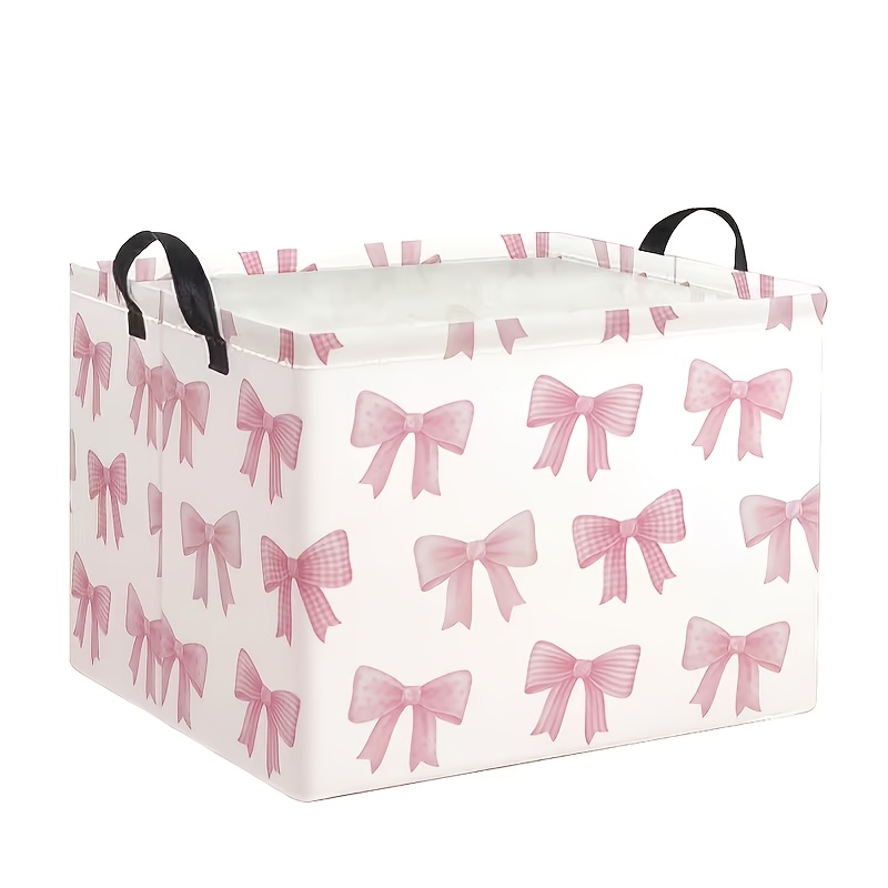 TEMU 1 panier de rangement carré avec imprimé nœud rose, bac de rangement portable à poignée pour chambre à coucher, placard, paniers à linge