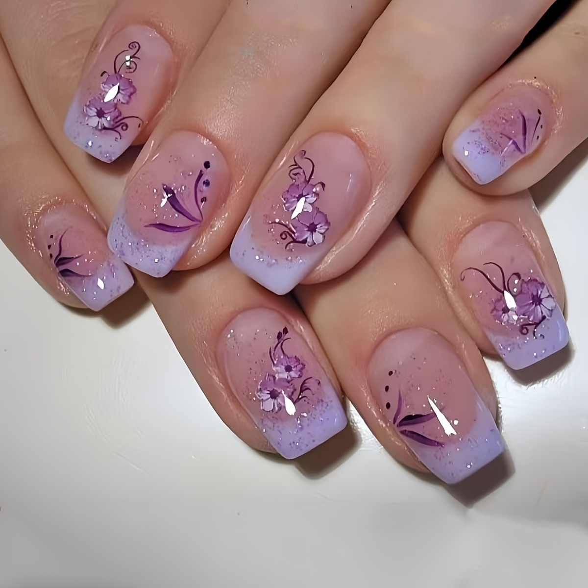 

Medium-long Purple Flower 24pcs False Nails Removable False Nail Sheets Wearable Nail Stickers