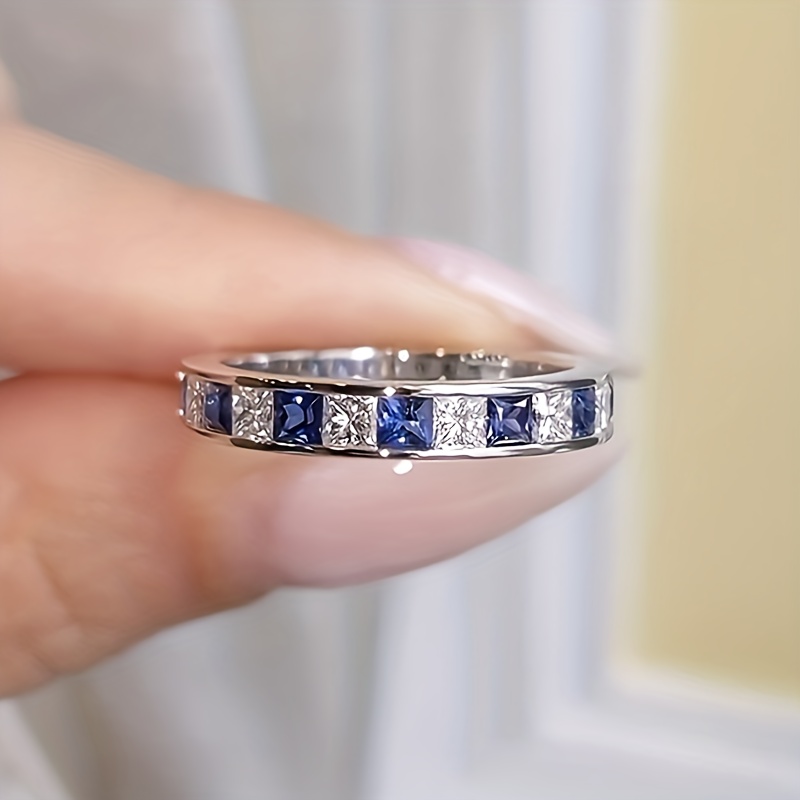 TEMU 4mm Wide Blue And White Square Ring, Stainless Steel, Fashionable And Versatile
