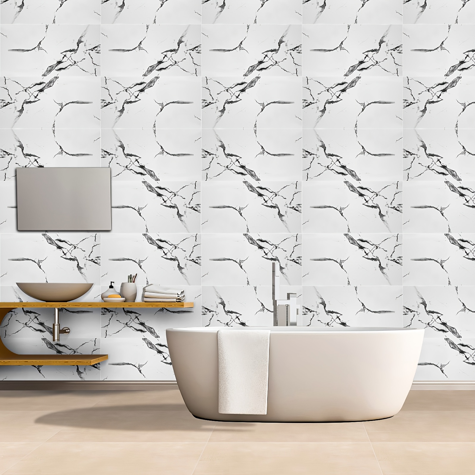 Image of Marble Effect Self-adhesive Wall Tiles, Foam Wall Stickers, Waterproof And, Easy To Clean And Cut, Suitable For Bathroom, Living Room, Kitchen, And Bedroom Decoration