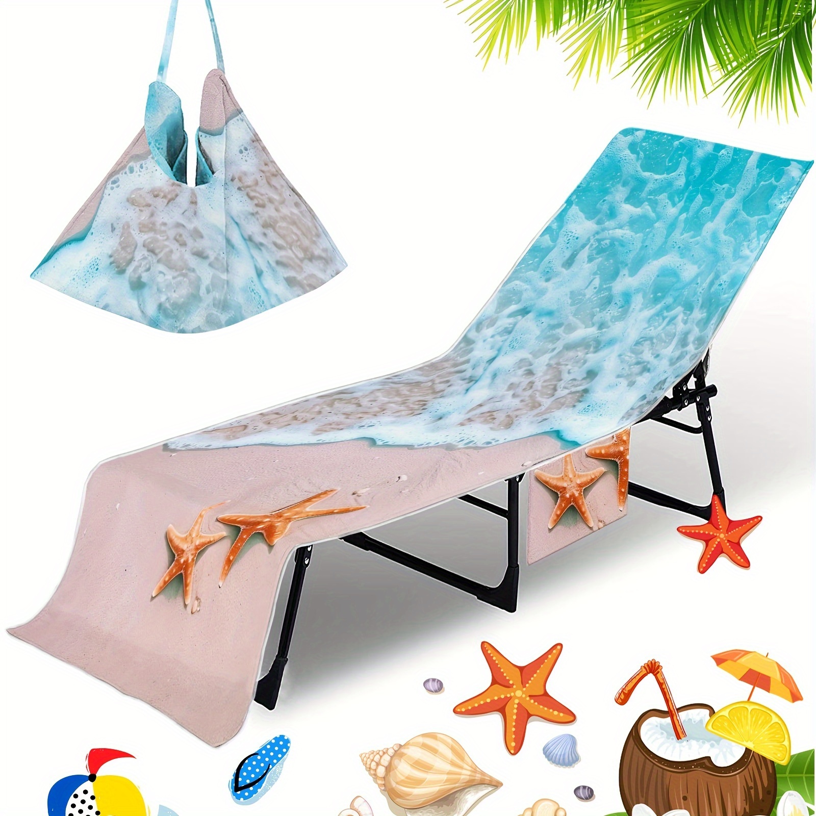 TEMU 1pc Starfish Pattern Beach Chair Cover, Microfiber Quick Drying Towel Pool Chair Cover, Beach Towel Chair Cover With Pocket, Vacation