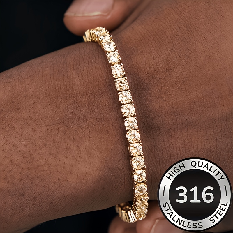 TEMU Steel 24k Golden Plated Hip-hop Tennis Clasp Bracelet Sparkling Unisex Men's Bracelet