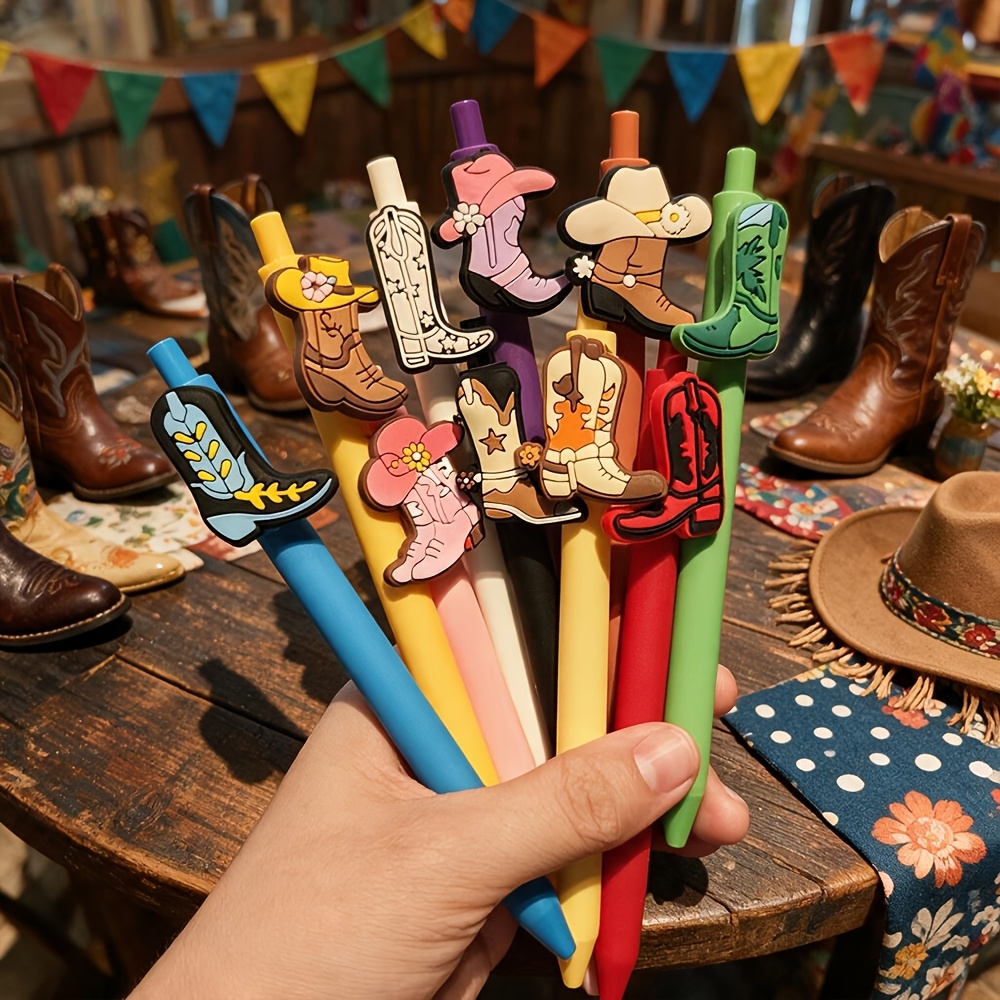 TEMU 10pcs Western Cowboy Boots Theme Series Multicolor Black Pens, Western Cowboy Series Cartoon Gel Ink Pens Office Stationery Writing Pens 0.5mm