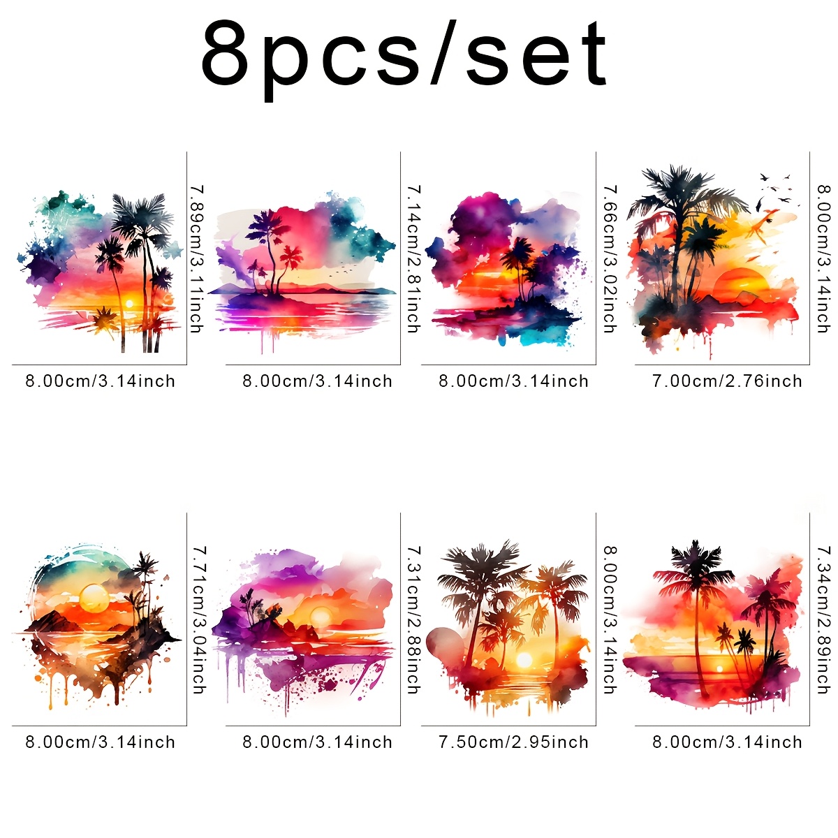 TEMU 8pcs Diy Iron On Transfers - Vibrant Watercolor Palm Tree Designs, Washable Decals For T-shirts, Jeans, Masks, Backpacks - No Heat Press Needed,