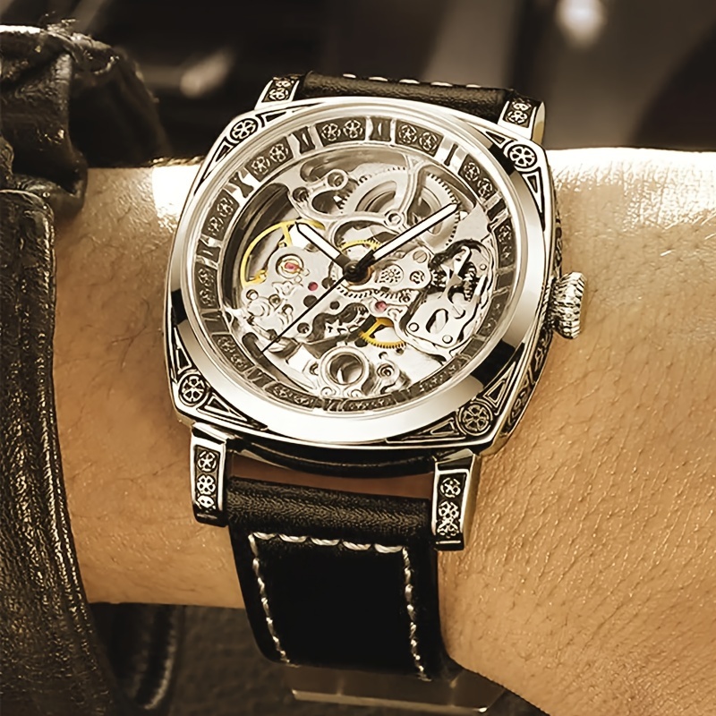 1pc mens retro golden mechanical watch with hollow carved skeleton dial automatic winding movement roman   decorative patterns black   leather strap vintage style for casual formal wear formal   2