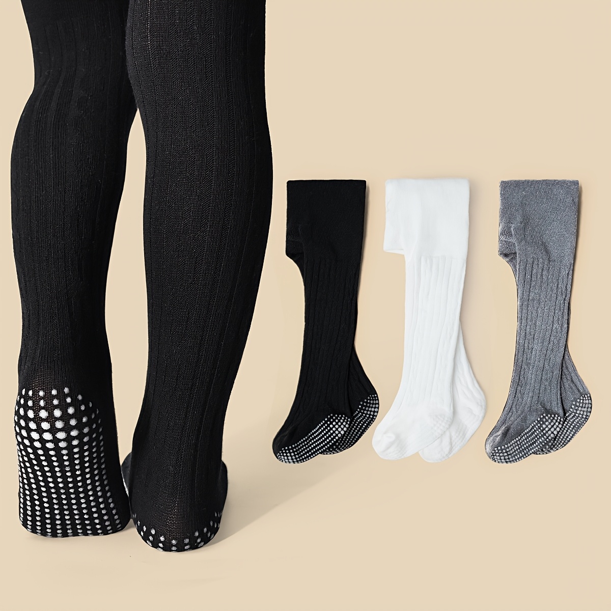 Image of 3 Pairs Of Anti-slip Solid Color Tights For Baby Girls, And Anti-slip, Solid Color Leggings For Girls Back To School, Baby And Girls' Clothing, Wearable All Year Round.,fall And Winter Clothes