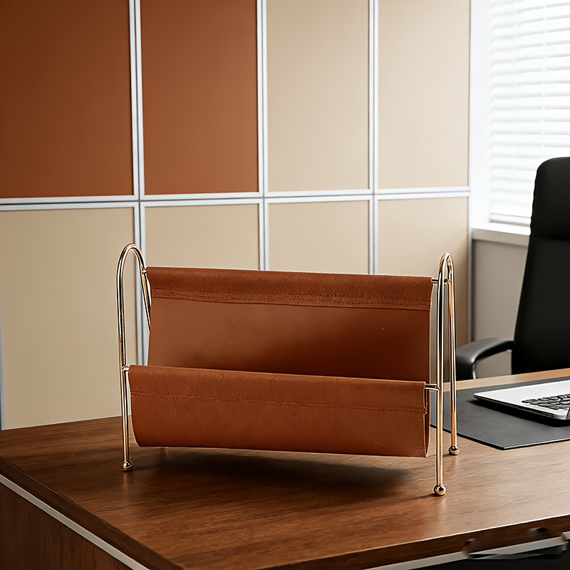Nordic-style Magazine Rack in Metal and PU Leather with Clean Lines, Keeps Documents Organized or Use as a Bookshelf; Available in a Double-sided Style to Satisfy Your Different Placement Needs.