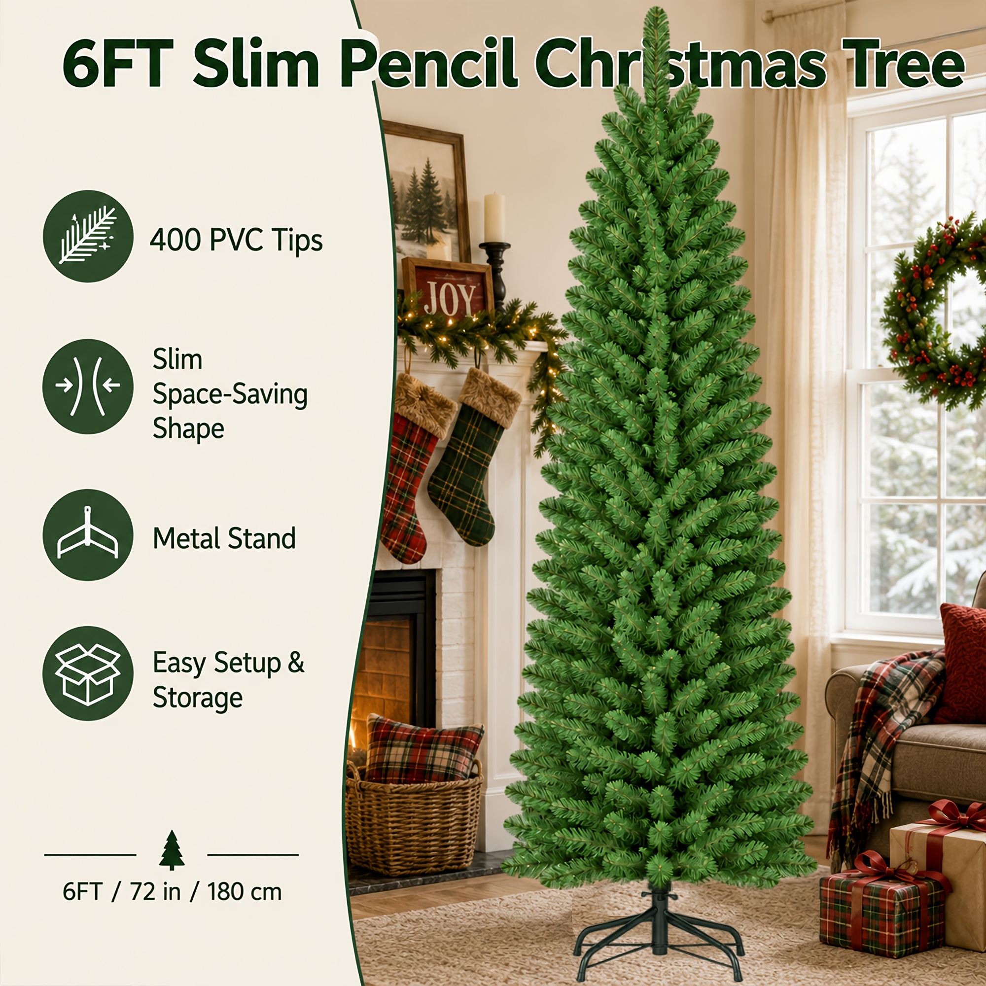 TEMU 4/5/6ft Pencil Christmas Tree, 160/300/400 Pvc Tips, 1/2/3-section Artificial Xmas Tree With Plastic/metal Stand, Easy Setup & Storage,