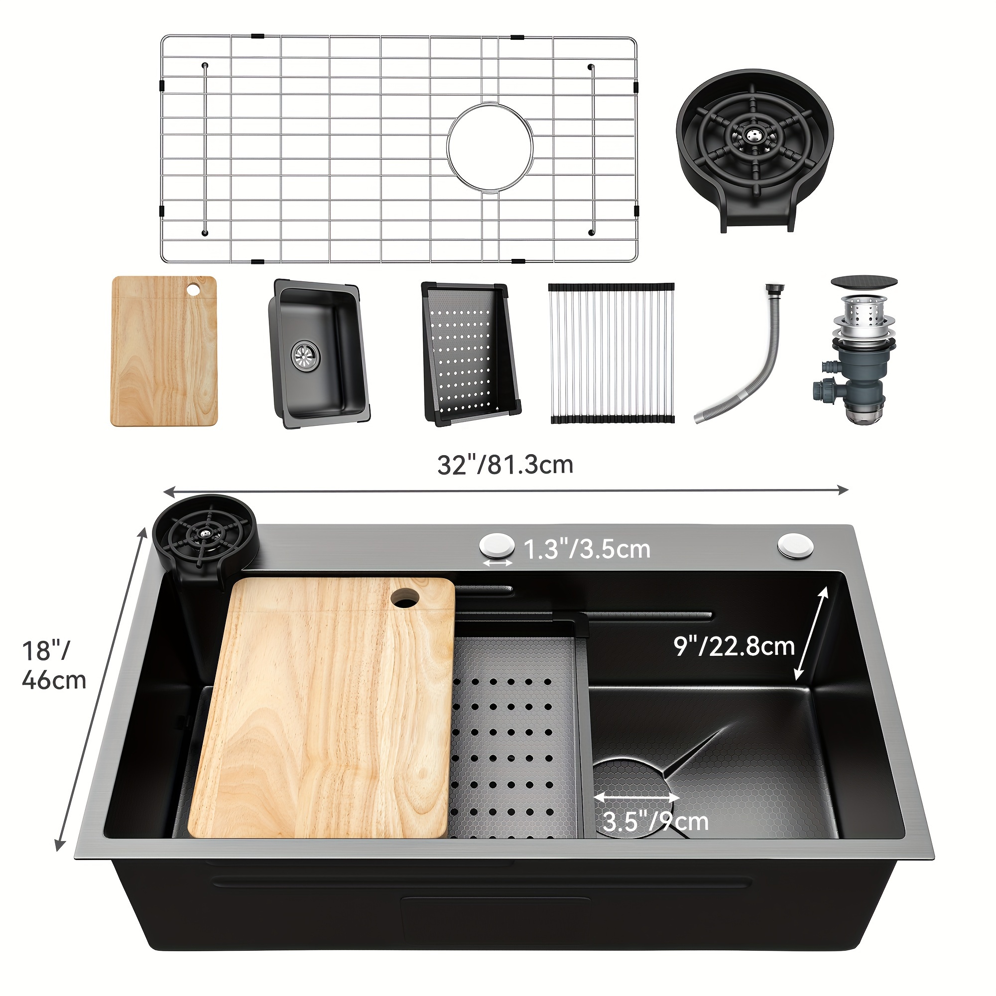 Drop In Kitchen Sink Workstation 30 Inch, Top Mount Stainless Steel Nano Gunmetal Black Sink W/Cutting Board&amp; Strainer, Handmade Single Bowl Sink With Accessories