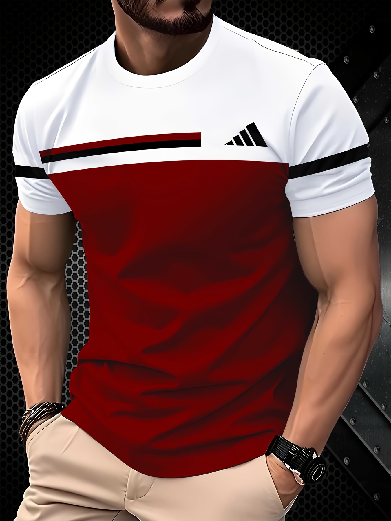 Men'S Casual 3D Print T-Shirt - Red & White Striped, Short Sleeve, Round Neck, Lightweight & Stretchy, Summer Sportswear, Sporty Casual Wear | Graphic Tee | Comfortable Fit, PLUS SIZE