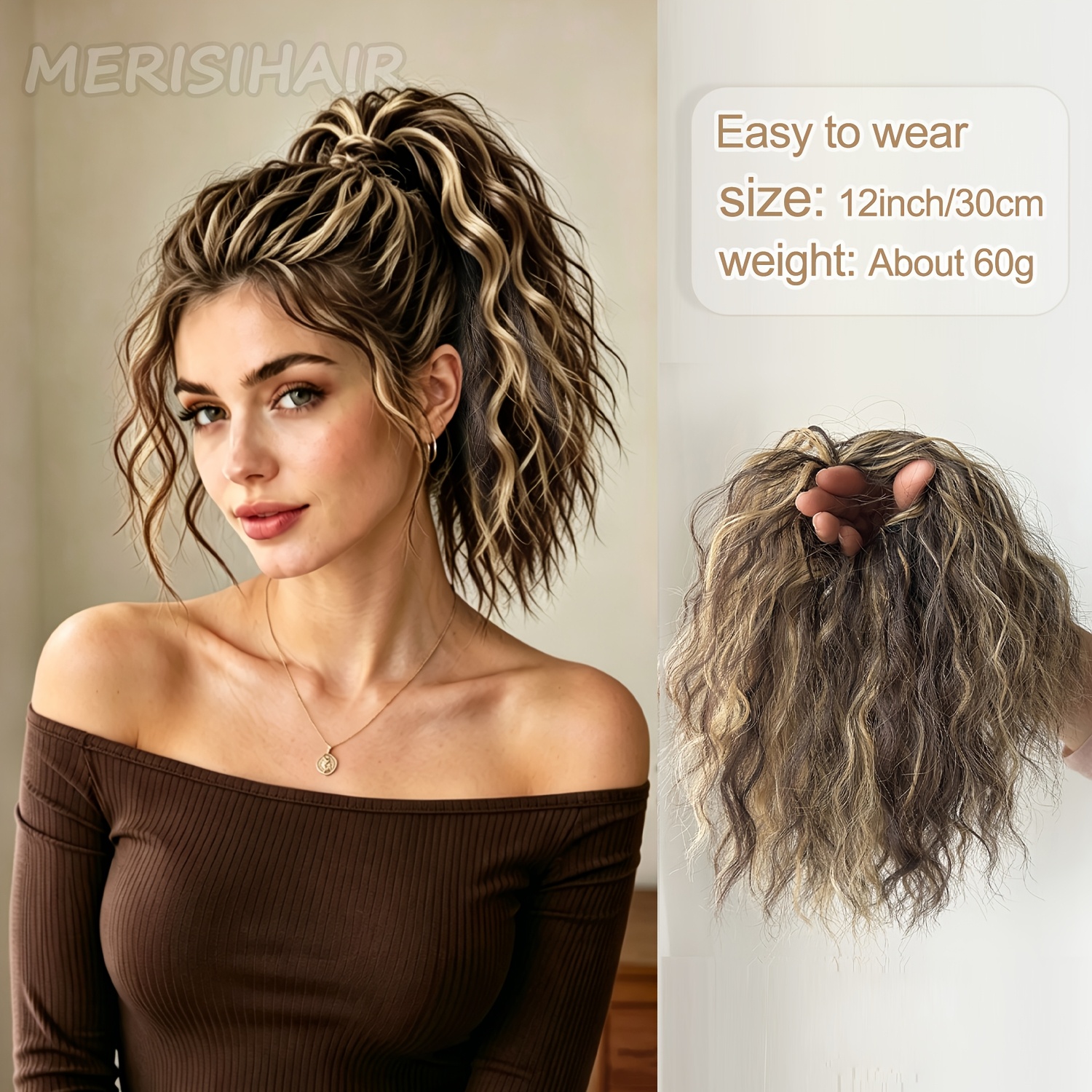 TEMU Messy Fluffy Curly Bun Wig, Synthetic High-heat-resistant Ponytail Extension, Suitable For Daily Wear, Increases Hair Volume