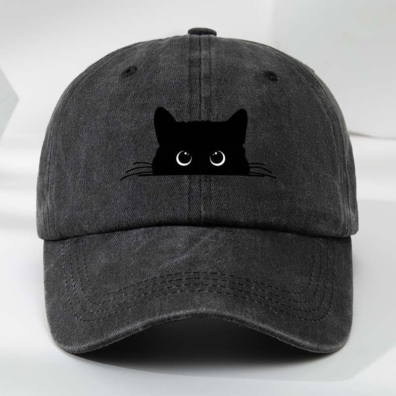 

Men's Cotton Baseball Cap With Black Cat Print, Casual Sports Sun Hat, Washed Vintage Style Duckbill Cap, Machine Washable Woven Fabric With 80% Textile Content