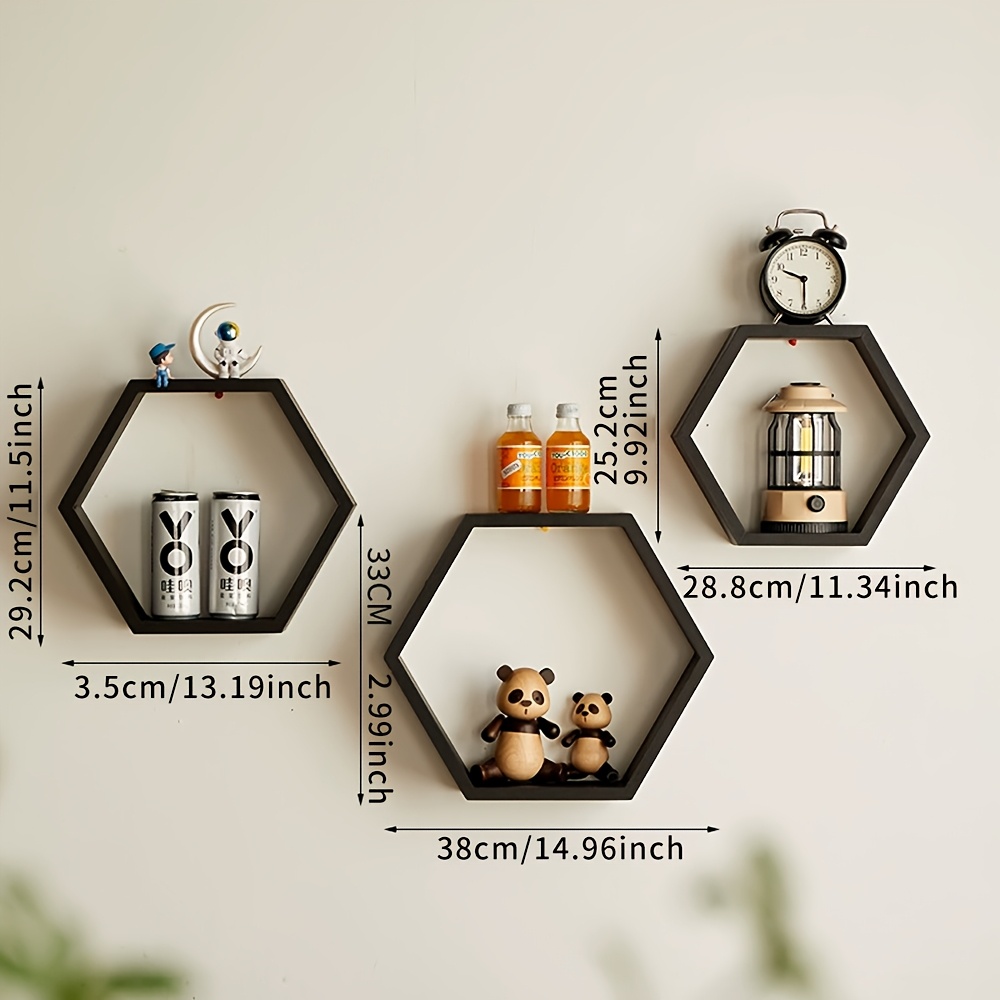 Image of Set Of 3 Hexagonal Shelves For Wall Mounting, Ideal For Decorating The Background Wall Of A Living Room And Serving As A Compact Bookshelf, Floating Shelves