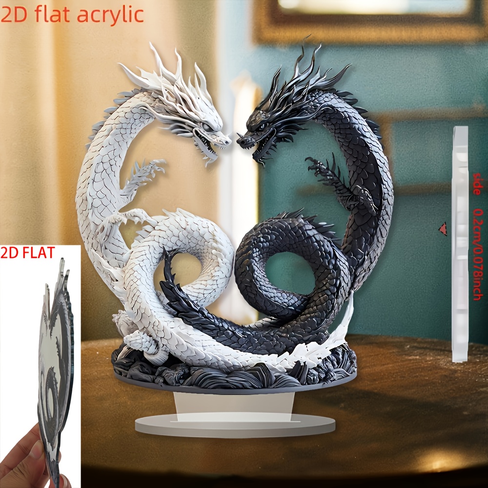 2d Flat, 1pc, 2d Flat Acrylic Bohemian Yin Yang Double Dragon Acrylic Desktop Decoration, Versatile Home And Office Accent, Unique Gift Idea, 2d Flat
