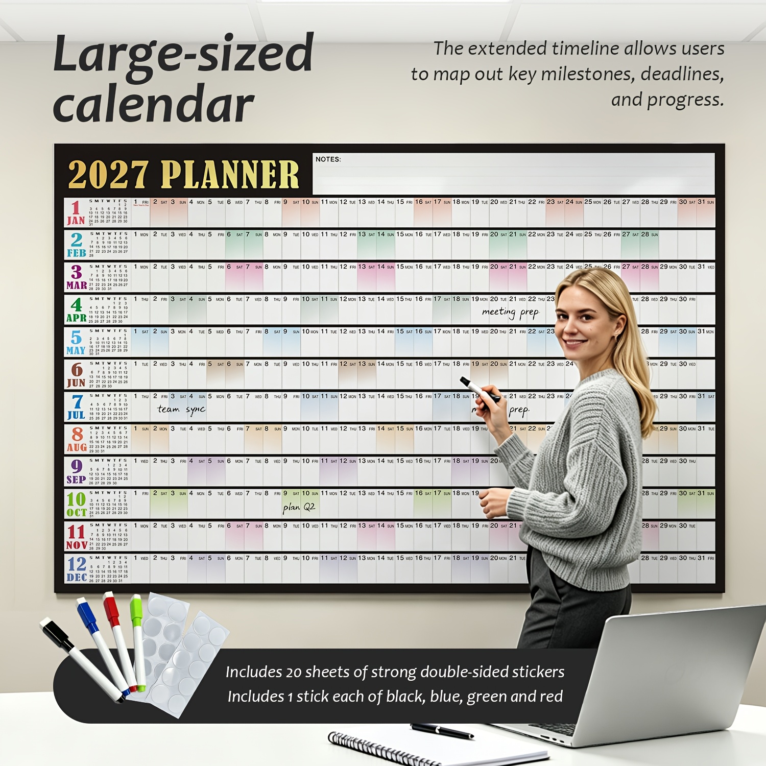 TEMU 1pc Large Size 2027 Erasable Wall Calendar, 48 X 32 Inches Dual-sided Use, Hanging Wall Calendar Planner, 12 Months Monthly Planners, Horizontal