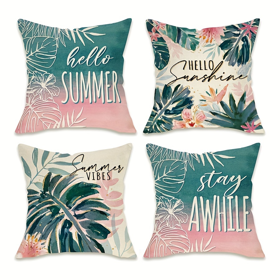 

Tropical Vibes 4-piece Linen Pillow Cover Set - Hello Summer Palm Leaves & Monstera Design, Green & Pink, Zip Closure, Machine Washable, For Indoor/outdoor Decor, 16x16, 18x18, 20x20